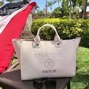 CHANEL Cream Leather Perforated Logo Tote Bag
